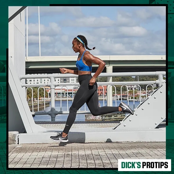 DICK'S Protips icon on an image of a woman running outside.