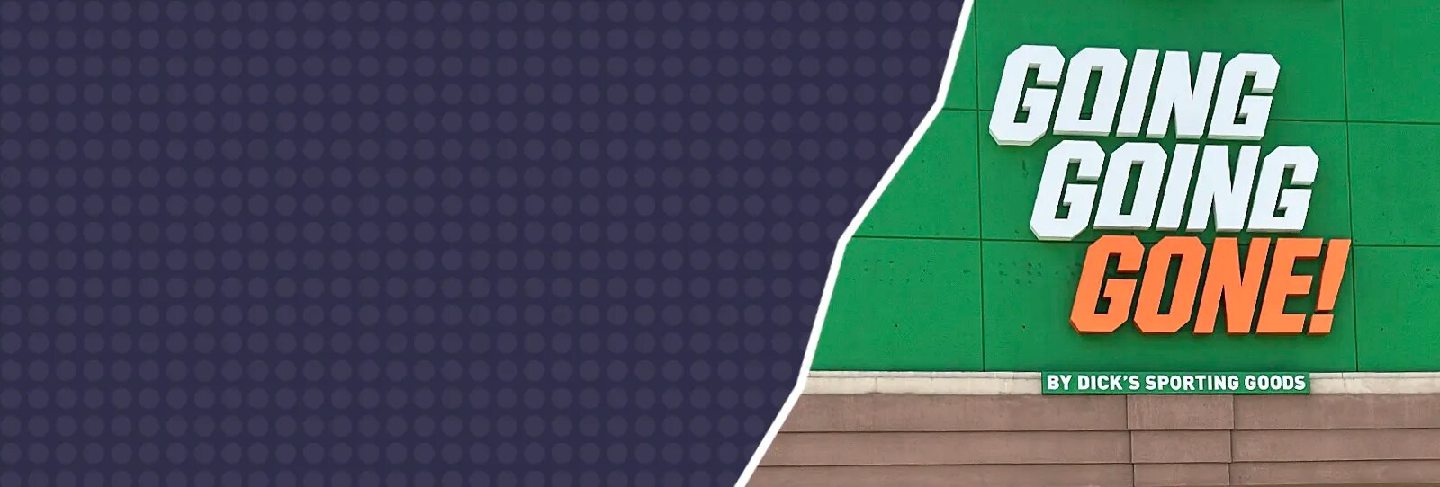 Image shows a Going Going Gone storefront and sign.