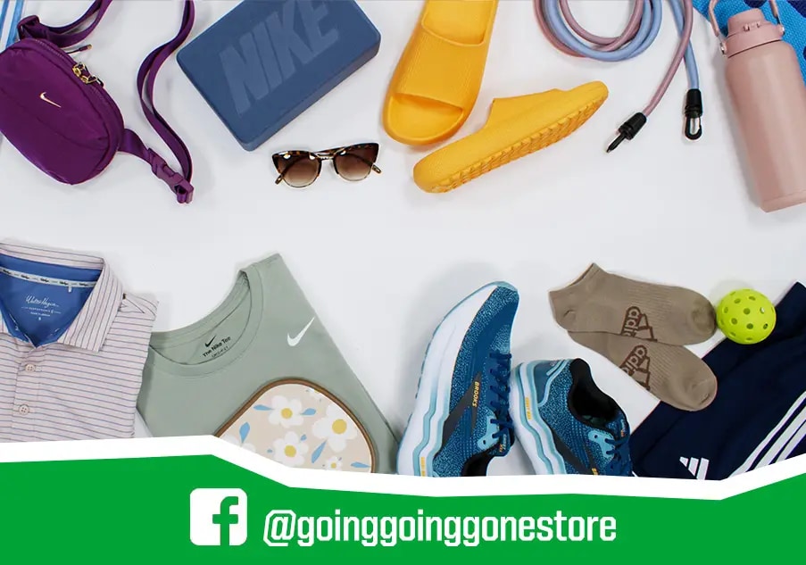 Collection of clothing and gear. Facebook logo. @goinggoinggonestore
