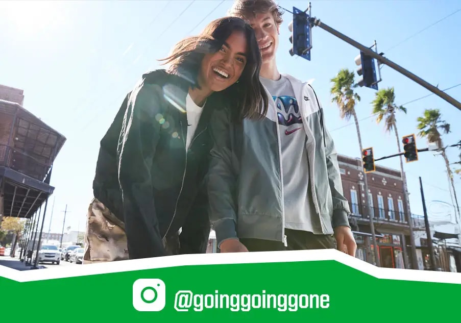 Two people hanging out on a sunny day. Instangram logo. @goinggoinggone