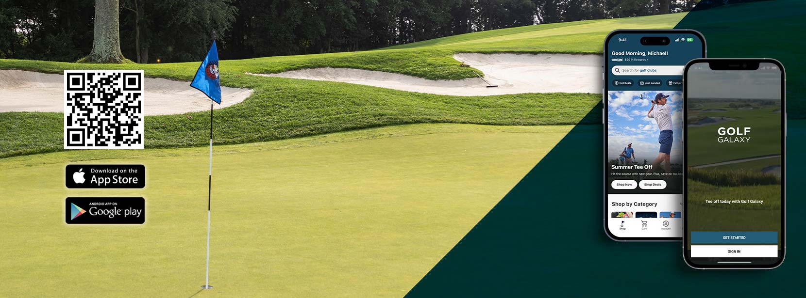 An Image Of A Golf Course And A Cellphone With The Golf Galaxy App