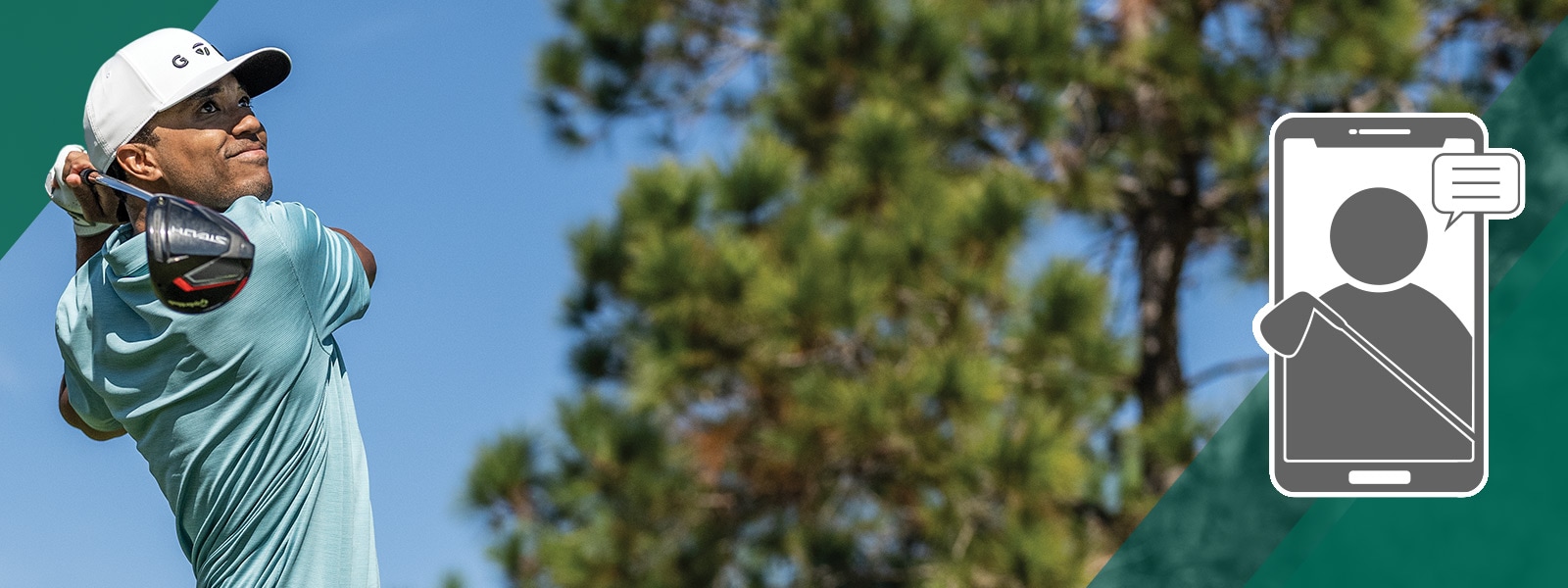 An image of various golf clubs and a golfer swinging a club.