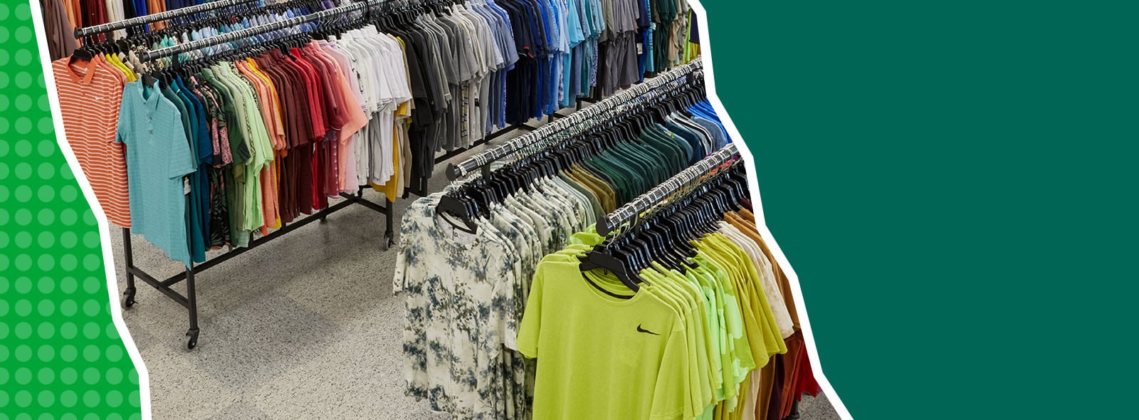 Racks of clothing in a Going, Going, Gone store.