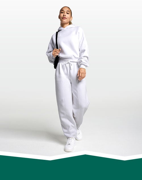 Woman in white sweats.