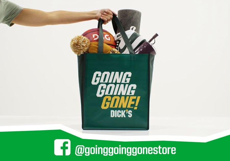 A hand holding a Going Going Gone bag. Facebook logo. @goinggoinggonestore