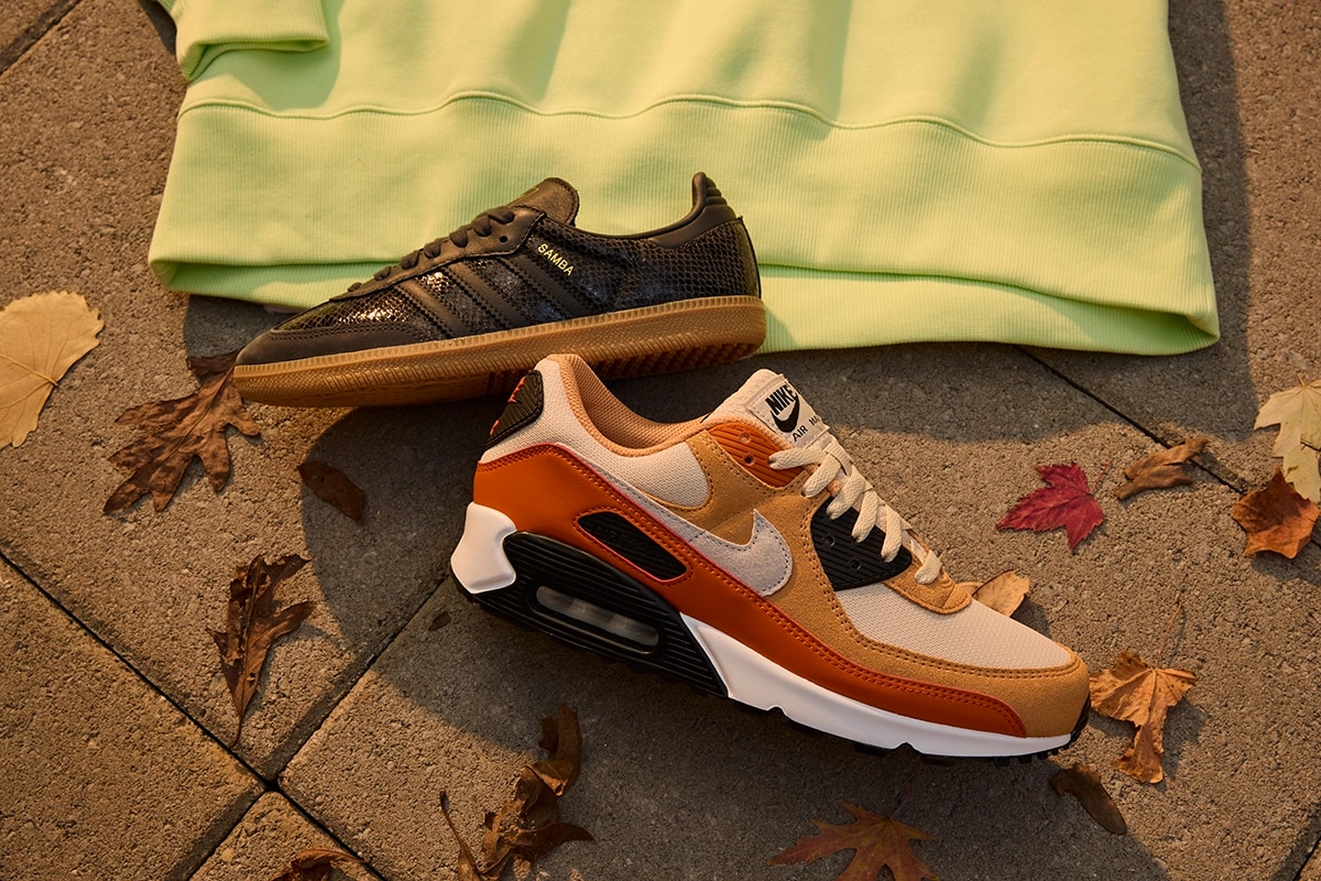 Laydown of fall colored sneakers from Nike & adidas
