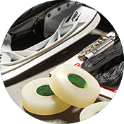 Close up of a pile of skating accessories.