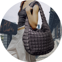 A woman with a grey purse.