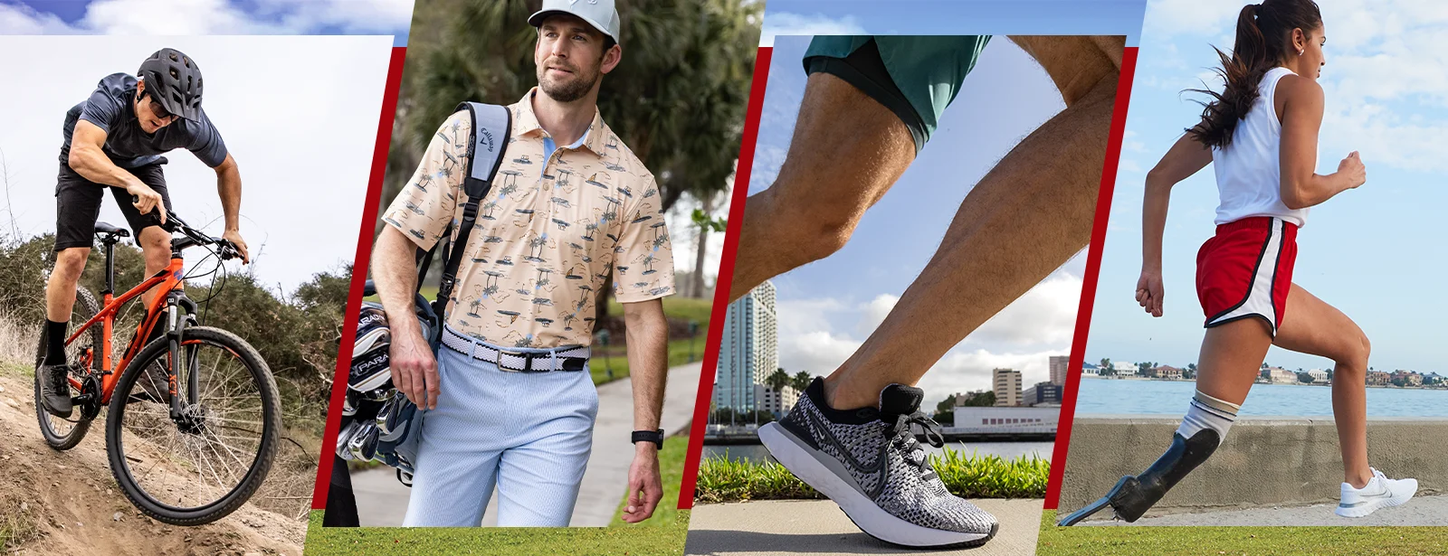 A collection of people biking, golfing and running.