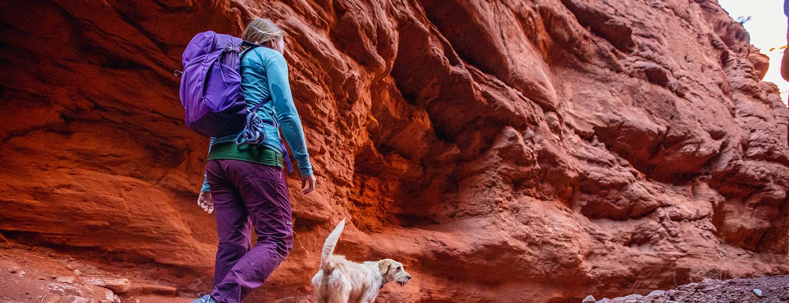 A woman hiking through a canyon