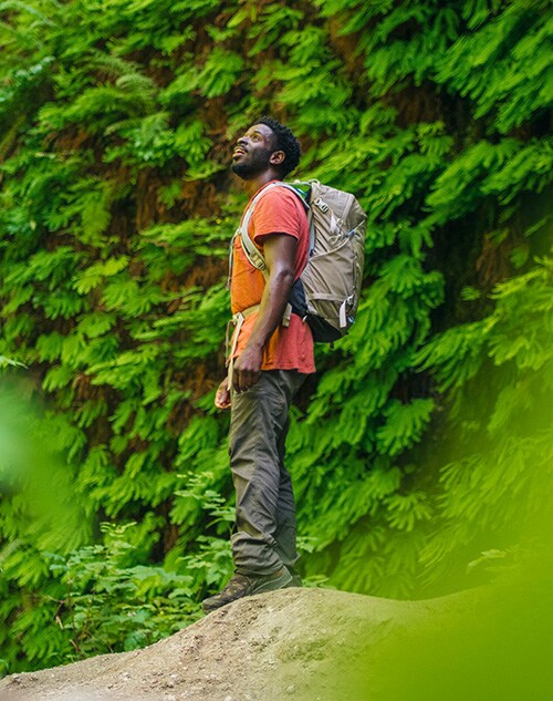 A man standing on a boulder amongst the trees
