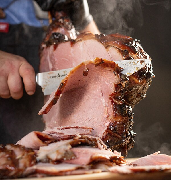 A steaming slab of expertly cooked ham.